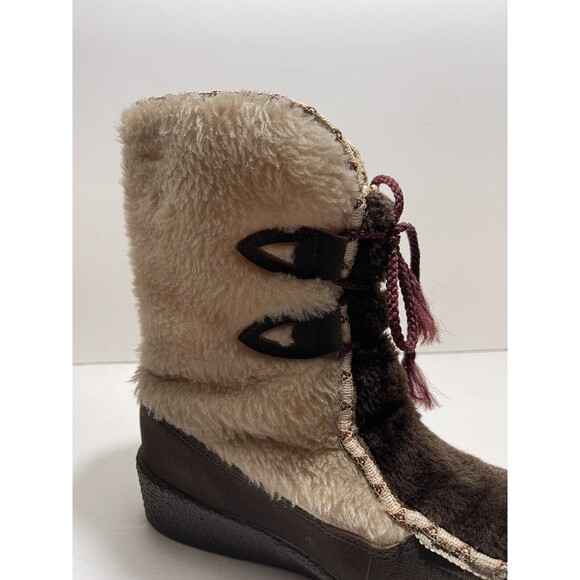 VINTAGE SNOWLAND SUEDE FAUX SHERPA FUR APRES SKI WEDGE BOOTS Size 9 MADE IN USA - Picture 7 of 16